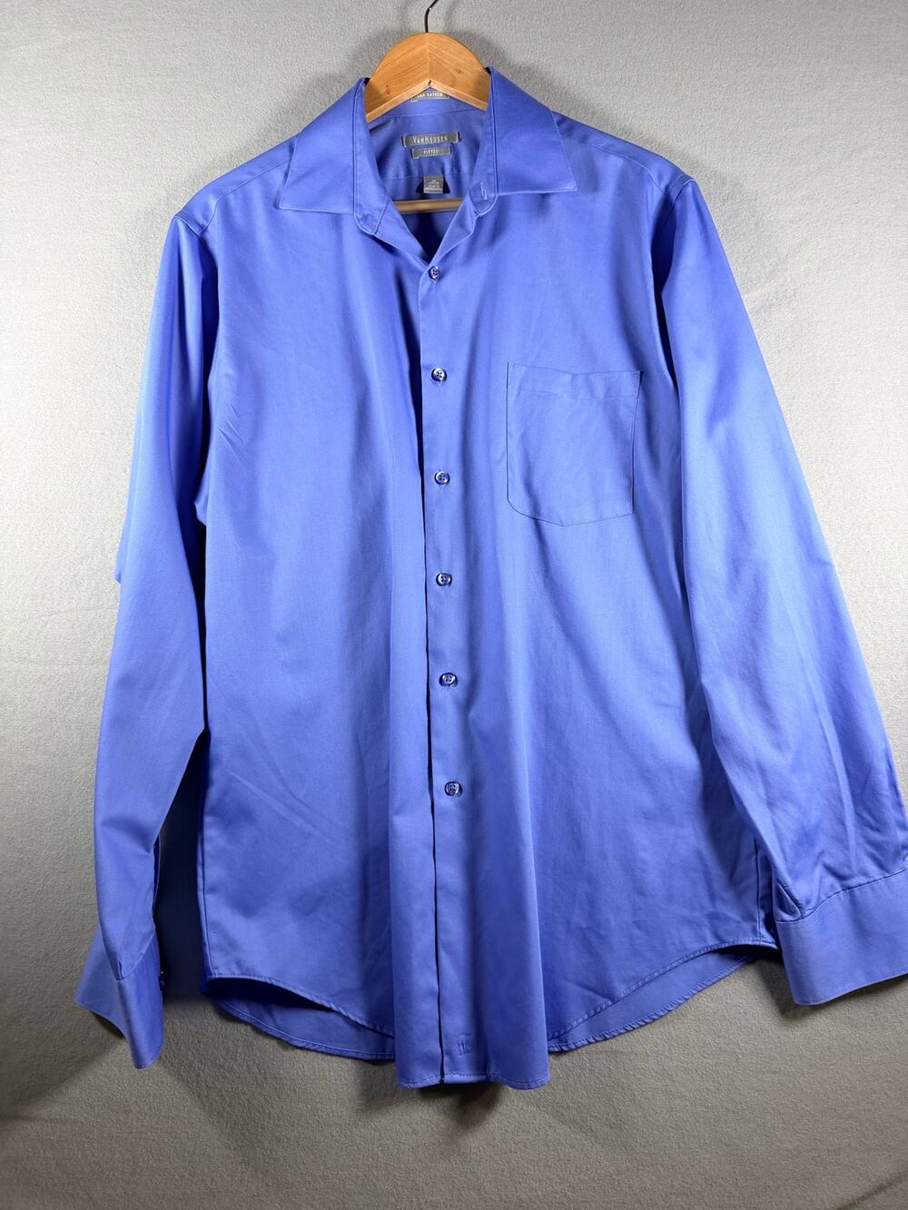 Van Heusen Men’s Dress Shirt 16 34/35 Fitted Lux Sateen Solid Blue Long Sleeve